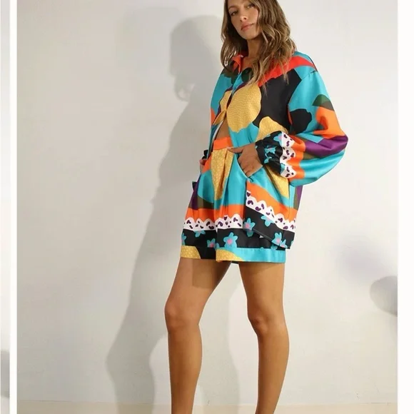 Mulla Multicolor short set Coral & Black Accent oversized small - Picture 4 of 9